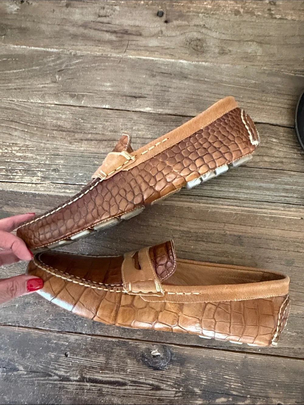 Martin Dingman Brown Croc-Embossed Leather Penny Loafers